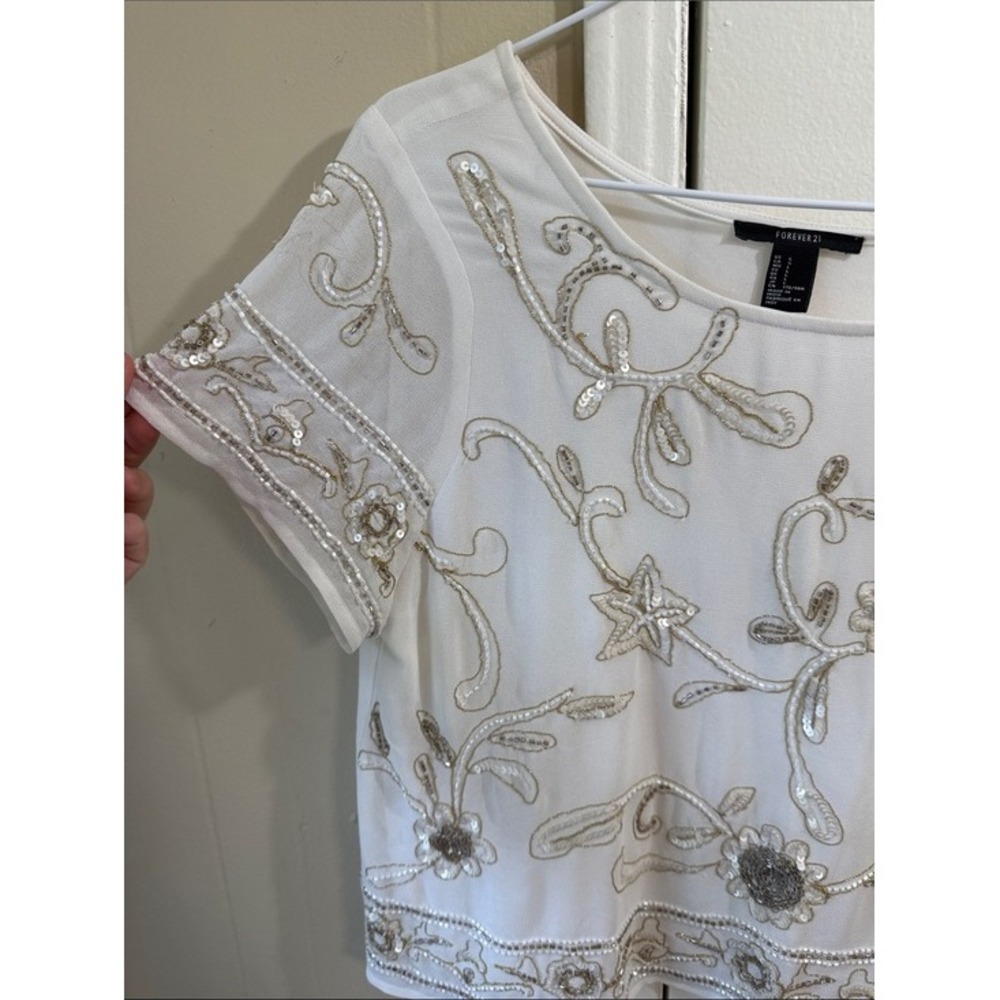 Beaded Sequin Embellished Cropped Top Ivory Floral Boho Large Statement Event - Picture 4 of 13